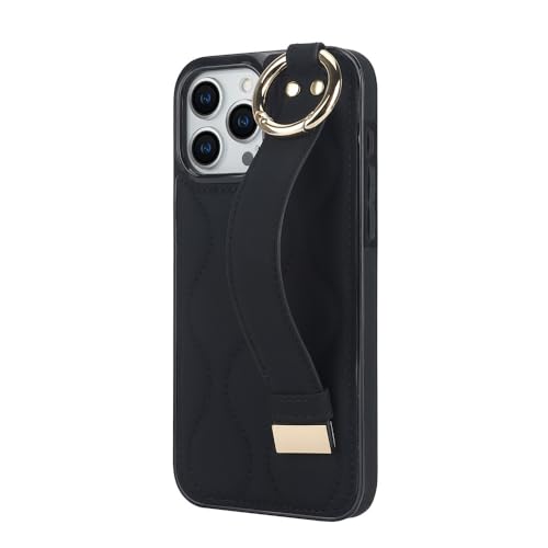 HTVZY Lederarmband-Ständerring-Telefonhülle für iPhone 16 15 13 12 Pro Max 14 Plus Ringhalter Stoßfeste Standr-Abdeckung, Schwarz, Für iPhone 15 Pro von HTVZY