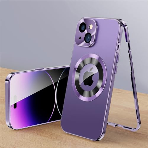 360°-Vollbildobjektiv-Metallmagnethüllen für iPhone 16 15 14 13 Pro Max 16 15 14 Plus Aluminiumlegierung HD-Glas Kabelloses Laden Schutzhülle, Lila, Für iPhone 14 Pro von HTXONB