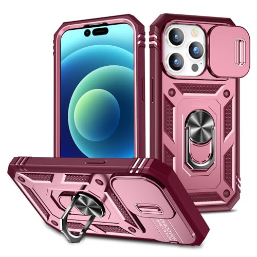 HTXONB 360-Grad-Ständerabdeckung für iPhone 16 15 14 13 Pro Max 16 15 14 Plus Push-Window-Objektiv-Schutzhülle, Pink, für iPhone 16 Pro Max von HTXONB