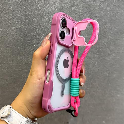 HTXONB Objektivständerhalter, magnetische, durchsichtige Panzerhülle für iPhone 16 15 14 13 12 Pro Max 15 16 Plus, stoßfeste Hülle mit Handschlaufe, Pink, für iPhone 14 Pro von HTXONB