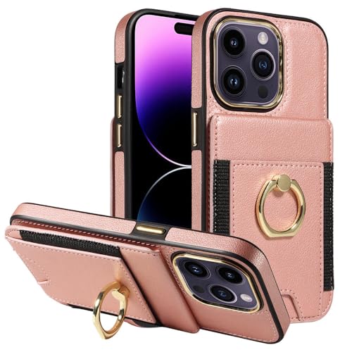 HTXONB Ringhalterung Leder Kartenhalter Hülle für iPhone 16 15 14 13 12 11 Pro Max 16 15 14 Plus Brieftasche Stoßfeste Schutzhülle, Roségold, Für iPhone 15 Pro Max von HTXONB