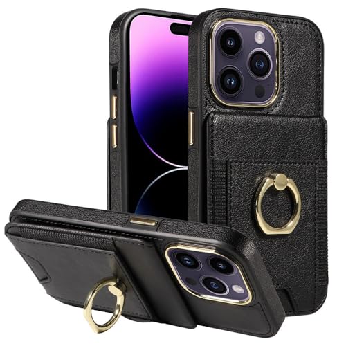 HTXONB Ringhalterung Leder Kartenhalter Hülle für iPhone 16 15 14 13 12 11 Pro Max 16 15 14 Plus Brieftasche Stoßfeste Schutzhülle,Schwarz,Für iPhone 15 Plus von HTXONB