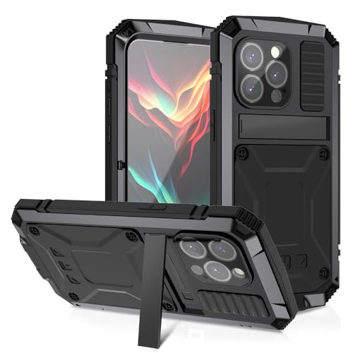 HTXONB Robuste Ganzkörper-Schutzhülle mit stoßfester Panzerung für iPhone 16 15 14 13 12 Pro Max 16 15 14 Plus Aluminium-Metallabdeckung mit Ständer, Schwarz, Für iPhone 13 Pro Max von HTXONB