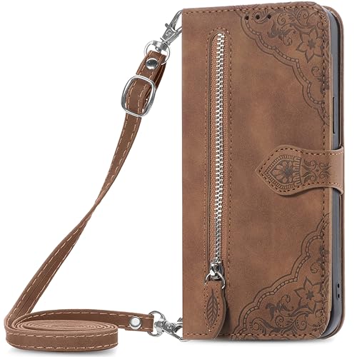 HUANGTAOLI Crossbody Handyhülle für Samsung Galaxy S24 Ultra 5G, abnehmbarer und verstellbarer 119,4 cm Schultergurt, Kickstand Wallet 7 Kartenfächer und 1 Reißverschlusstasche, Braun von HUANGTAOLI