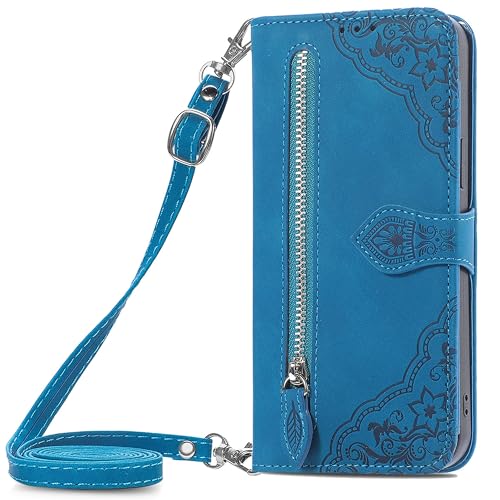 HUANGTAOLI Crossbody-Tasche für Google Pixel 8A, Schultergurt, 119,4 cm (47 Zoll), Magnetverschluss, stoßfest, 7 Kartenfächer und 1 Reißverschlussbeutel, Blau von HUANGTAOLI