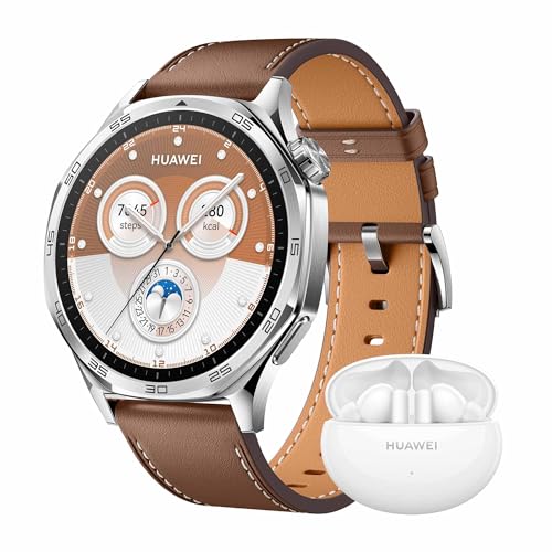 HUAWEI Watch GT 5 46mm Braun+Extra FreeBuds 5i Weiß,Smartwatch,Kunstvolles Design,Sportfunktionen auf Profi-Niveau,Health-Tracking,EKG-Monitoring,bis zu 14 Tage Akkulaufzeit,GPS von HUAWEI