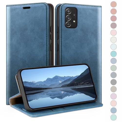 HUOUH für Samsung Galaxy A53 Hülle mit RFID Schutzhülle aus Lederhülle Handyhülle,360 Grad Schutz Case,Kartenfach Leder ständer Handy hülle für Samsung A53 Klapphülle Wallet Cover Leuchtend Blau von HUOUH