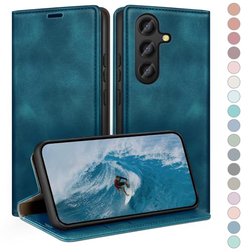 HUOUH für Samsung Galaxy S23 FE 5G Hülle mit RFID Schutzhülle aus Lederhülle Handyhülle,360 Grad Schutz Case,Kartenfach Leder ständer Handy hülle für Samsung S23 FE Klapphülle Wallet Cover Türkis von HUOUH