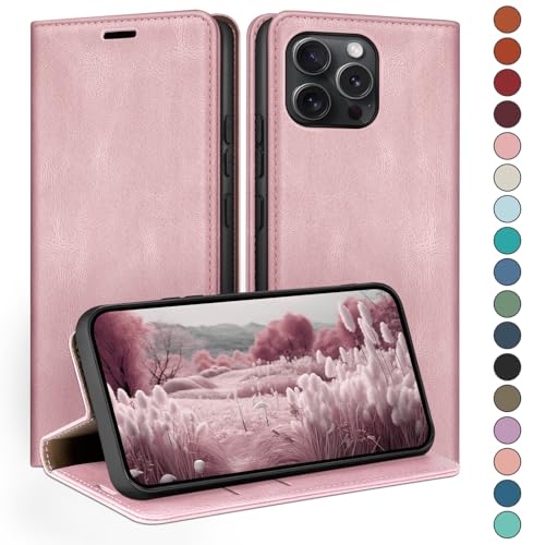 HUOUH für iPhone 15 Pro Max 6.7" Hülle mit RFID Schutzhülle aus Lederhülle Handyhülle,Kartenfach Leder ständer Handy hülle,360 Grad Schutz Cover für Apple 15 Pro Max Klapphülle Wallet Case Rosa von HUOUH