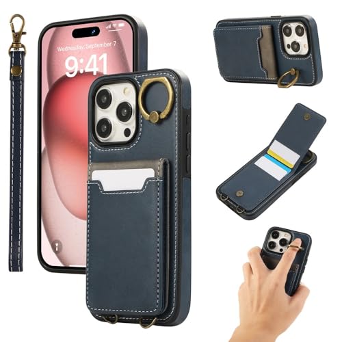 HUUMAGIC Kartenring Leder Brieftasche Hülle Telefonhülle für iPhone 15 Pro Max 14 Plus 13 12 11 XS XR Armbandtasche Shell Stand, Blau, Für iPhone 13ProMax von HUUMAGIC