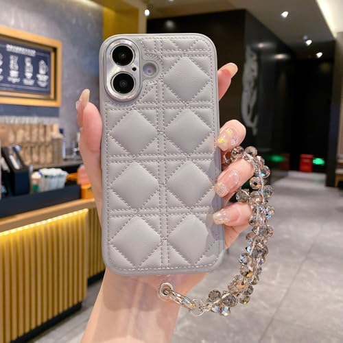 HUUMAGIC Modische Daunenjacke mit 3D-Diamantgitter-Lederstruktur für iPhone 16 Pro Max, einfarbige Hülle für iPhone 16 Pro, grau, für iPhone 14 ProMax von HUUMAGIC