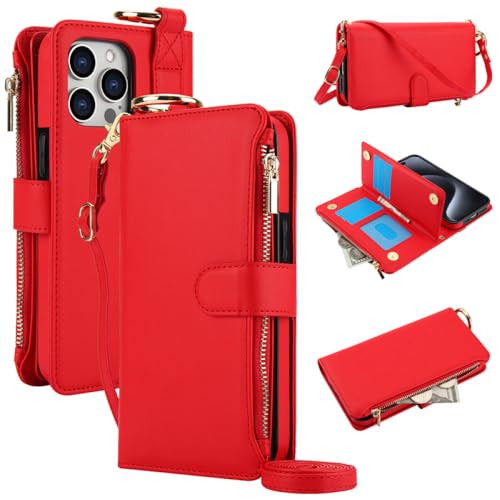 HUUMAGIC Multifunktions-Kartensteckplatzhalter Reißverschluss-Geldbörse Flip-Telefonhülle für iPhone 15 14 13 12 11 Pro Max Plus XS XR X 15Pro Strap Cover, rot, für iPhone 14 von HUUMAGIC