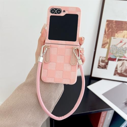 Leder-Handyhülle mit Vintage-Karos und Tragekordel für Samsung Z Flip 6 5g Z Flip6 5 4 3 Flip3 ZFlip4 Flip 5 6 Lanyard-Cover, Pink, für Samsung Z Flip6 von HUUMAGIC