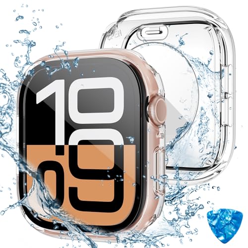 HWeggo [2 in 1 Wasserdicht Hülle für Apple Watch Series 10 Schutzhülle 42mm,360°PC-Abdeckung mit Hartglas Displayschutz,Vorderseite & Rückseite Stoßstange für iWatch 10 (Klar) von HWeggo