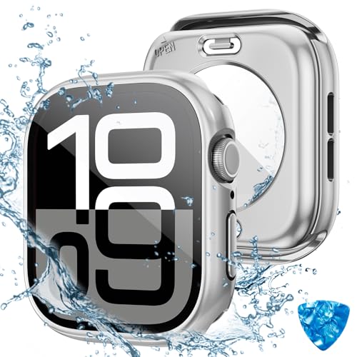 HWeggo [2 in 1 Wasserdicht Hülle für Apple Watch Series 10 Schutzhülle 46mm,360°PC-Abdeckung mit Hartglas Displayschutz,Vorderseite & Rückseite Stoßstange für iWatch 10 (Silber) von HWeggo