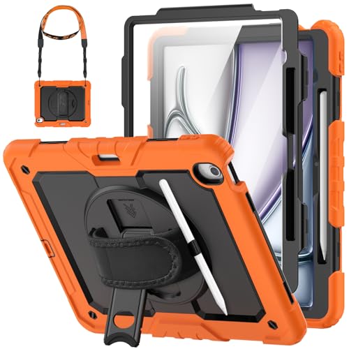 HXCASEAC Schutzhülle für iPad Air 13 Zoll 2024 (M2), stoßfest, mit Displayschutzfolie/Stifthalter/Handschlaufe, [3-lagig] robuster Schutz für iPad Air13 6. Generation (A2898, A2899, A2900), Orange von HXCASEAC