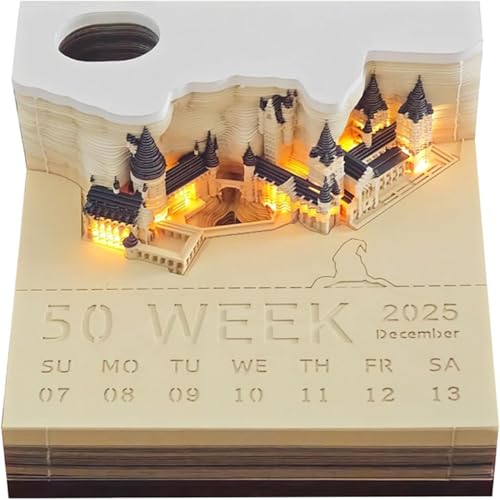 3D Calendar 2025 Tear-Off, Desk Calendar 2025, 3D-Magic Castle-Wochenkalender mit Licht und Stifthalter, 3D Memo Pad Calendar 2025, kreatives Papierskulptur-Bastel-DIY-Geschenk von HXCQYGL