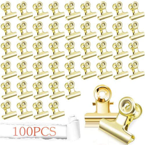 100 Stück 22mm Kleine Bulldogge Büroklammern, Kleine Bulldog Clips Briefklemmer Metall Scharnier Clips Binder Klammern, für Kunsthandwerk, Zeichnungen, Fotos (Gold 100) von HXUING