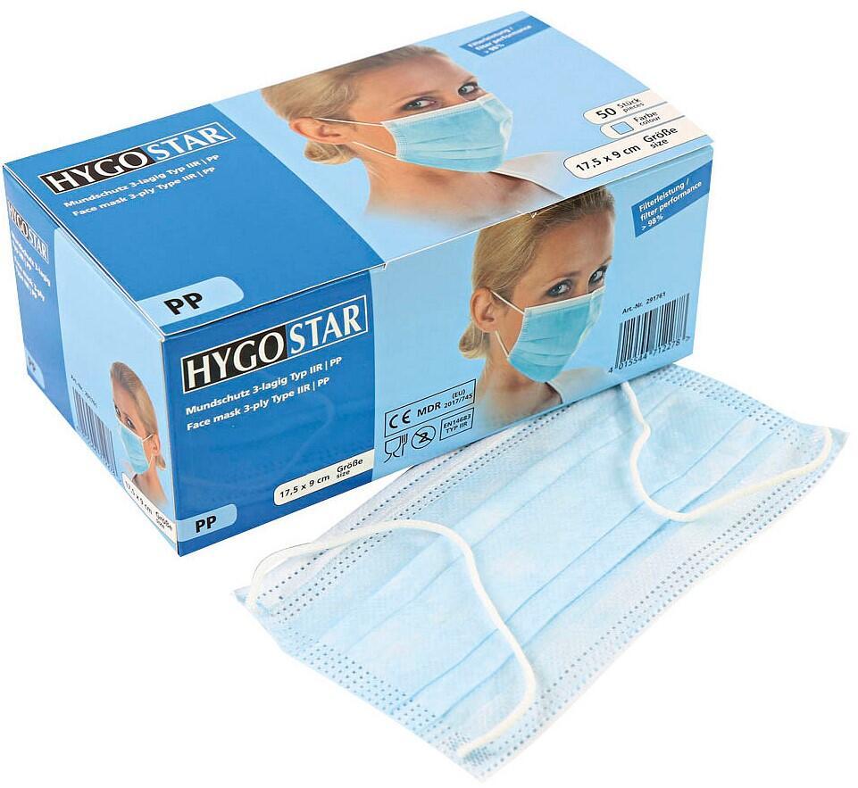 HYGOSTAR medizinischer Mundschutz DIN EN 14683 Typ II R 50 Stück von HYGOSTAR