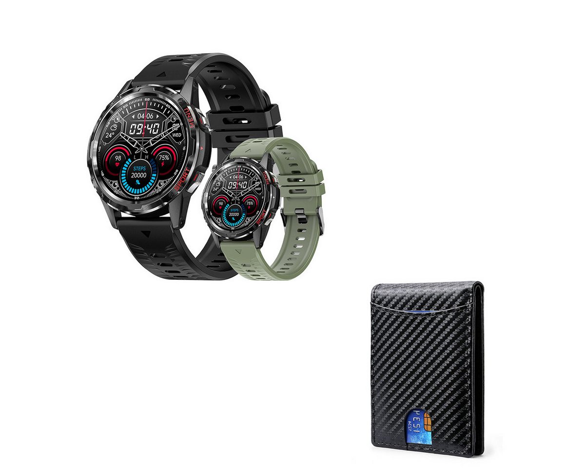 HYIEAR Smartwatch, High-End-Business-Geldbörse mit RFID-Schutz Smartwatch (Android/iOS), Wird mit USB-Ladekabel geliefert., Sportarmbänder, Gesundheitsfunktionen, individuelle Zifferblätter von HYIEAR
