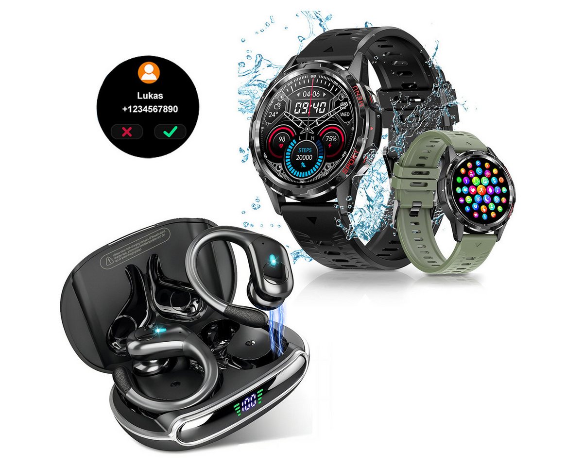 HYIEAR Smartwatch Damen Herren (1,32) Combo In-Ear-Kopfhörer 5.3 Smartwatch Set, 2 Austauschbare Armbänder, Fitness Tracker mit Schrittzähler, Schlaf, Intelligente Touch-Bedienung, Bluetooth IP5 wasserdicht von HYIEAR