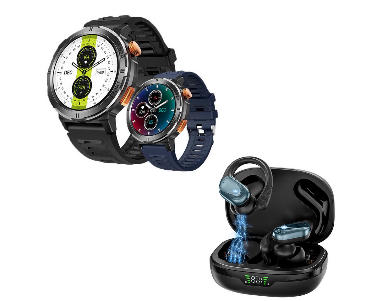 HYIEAR Smartwatch für Damen und Herren, wasserdicht nach IP68, Bluetooth 5.3 Smartwatch (Android), mit austauschbaren Armbandern, Ladekabeln Drei Paar Ohrstópse, Fitnessuhr von HYIEAR