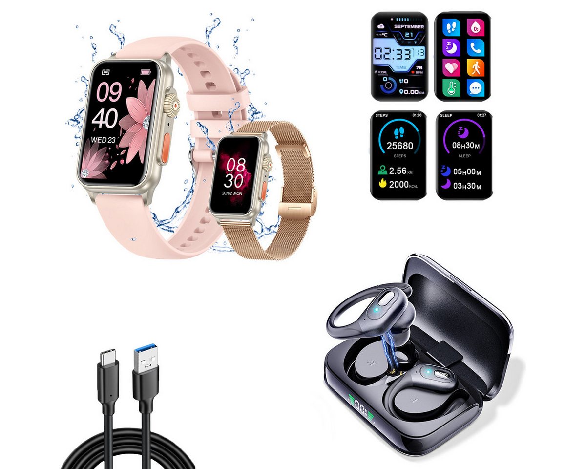 HYIEAR Smartwatches, Sport-Bluetooth-5.3-Kopfhörer Smartwatch (4.5 cm/1.77 Zoll), Aktive Kombi-Fitness-Tracker-Uhr mit Anruffunktion., IPX5 wasserdichte sportuhr, 120+ Sportmodi, 2 Armbänder von HYIEAR