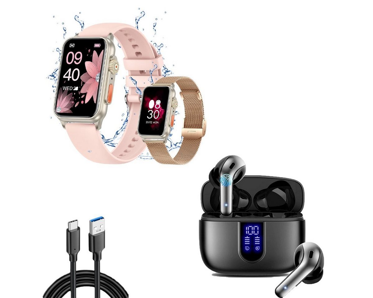 HYIEAR Smartwatches und Bluetooth-Kopfhörer für Damen und Herren Smartwatch (4.5 cm/1.77 Zoll, Android) Packung, Armbänder, Ladekabel, Ohrstöpsel, Sportmodus, Herzfrequenzmessung, Sprachassistent von HYIEAR
