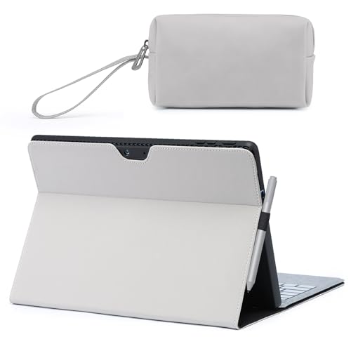 HYZUO Hülle für Surface Pro 11 2024, Surface Pro 10 2024, Surface Pro 9 2022, Mehrwinkelbetrachtung Folio Ständer mit Stylus Halter, Kompatibel mit Typ Tastatur, mit Zubehörtasche, Hellgrau von HYZUO