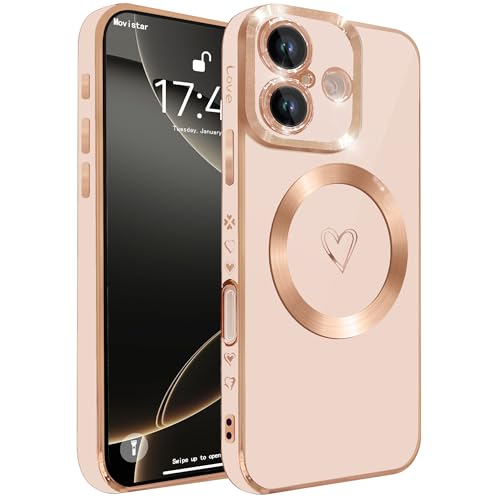 HZLFCZL Magnetisch Handyhülle für iPhone 16 Plus Hülle mit Magsafe, Komplettschutz Herz Luxuriös Galvanisierte Design Schutzhüllen Weich TPU Stoßfest Phone Case für iPhone 16 Plus-Rosa von HZLFCZL