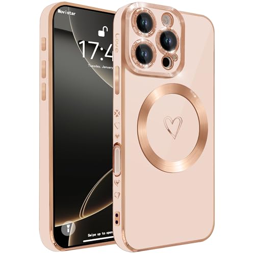 HZLFCZL Magnetisch Handyhülle für iPhone 16 Pro Max Hülle mit Magsafe, Komplettschutz Herz Luxuriös Galvanisierte Design Schutzhüllen Weich TPU Stoßfest Phone Case für iPhone 16 Pro Max-Rosa von HZLFCZL