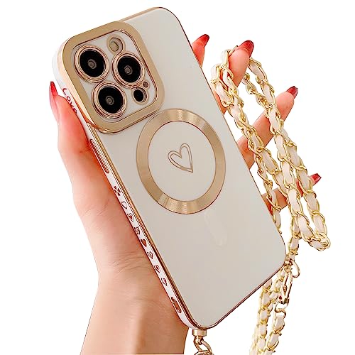 HZLFCZL Magnetisch Handykette für iPhone 12 Pro Hülle Kompatibel mit Magsafe Kameraschutz Herz Design Abnehmbar Kordel zum Umhängen Handyhülle Galvanisierte Weich TPU Kameraschutz-White von HZLFCZL