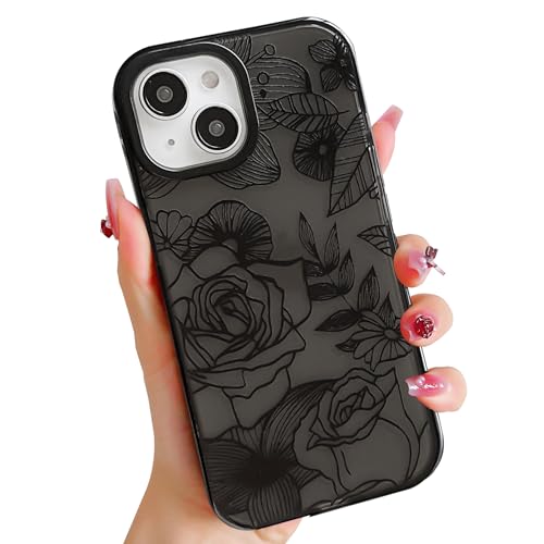 HZLFCZL Transparent Handyhülle für iPhone 14 Plus/15 Plus Hülle 6,7 Zoll, Niedliche Rose Aesthetic für Frauen und Mädchen, Premium TPU Stoßfest Anti-Gelb Schutzhülle - Schwarz von HZLFCZL