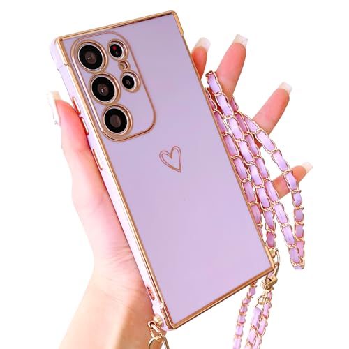 HZYKDWD Handykette Kompatibel mit Samsung Galaxy S23 Ultra 5G Hülle mit Kette,Süße Aesthetic Herz Muster Kameraschutz Handyhülle mit Band Weich TPU Stoßfester Phone Case für-Lila von HZYKDWD