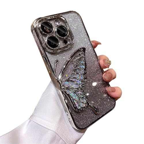 Hadwii Hülle für iPhone 13 Pro Max Transparent Silber Glitzer Treibsand Handyhülle mit Kameraschutz 3D Schmetterling Mädchen Silikon Stoßfest Crystal Clear TPU Bumper Schutzhülle von Hadwii