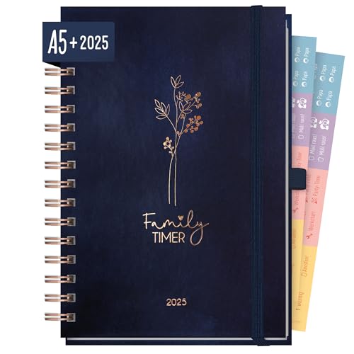 Häfft® Family-Timer Deluxe 2025 A5+ "Cute Flower" Hardcover Familien-Kalender für 4 Personen, Familien-Planer 12 Monate: Jan bis Dez 25 - nachhaltig & klimafreundlich von Häfft