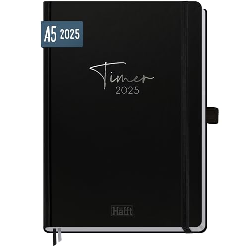 Häfft-Timer 2025 A5 Deluxe "Black Edition" JANUAR - DEZEMBER 2025, Hardcover Kalender, Buchkalender, Terminplaner für junge Erwachsene - nachhaltig & klimafreundlich von Häfft