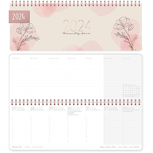 Internationaler Wochen-Tischkalender 2024 im Quer-Format [Dainty Flower] 1 Woche 2 Seiten | Wochenkalender 29,5 x 10,5 cm | mehrsprachiger Schreibtisch-Kalender | nachhaltig & klimaneutral von Häfft