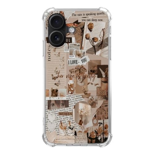 Hagkou Aesthetic Vintage Beige Collage Hülle für iPhone 16, Rose Schmetterling Postkarte Cover für iPhone 16, Cool TPU Handyhülle von Hagkou