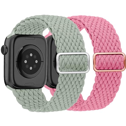 HalfYue Geflochtenes Armband Kompatibel mit Apple Watch Armband 42mm 44mm 45mm 49mm für Männer/Frauen, Verstellbares Elastisches Nylon Armband für iWatch Series 9/8/7/6/5/4/3/2/1/Ultra2/SE, 2 Stück von HalfYue