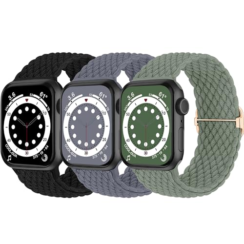 HalfYue Geflochtenes Armband Kompatibel mit Apple Watch Armband 42mm 44mm 45mm 49mm für Männer/Frauen, Verstellbares Elastisches Nylon Armband für iWatch Series 9/8/7/6/5/4/3/2/1/Ultra2/SE, 3 Stück von HalfYue