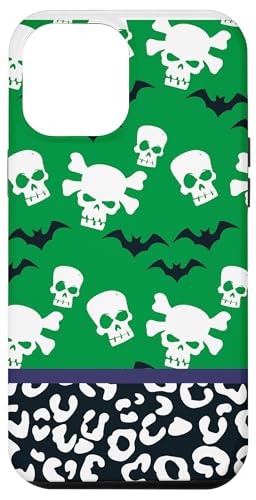 Hülle für iPhone 14 Pro Max Halloween-Leopardenmuster, Totenkopf, Skelett, Fledermaus, Grün und Schwarz von Halloween Costume Fall Shopp