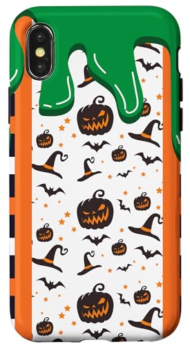 Hülle für iPhone X/XS Halloween Grün Tropf Kürbis Hexenhut Orange Streifen Schwarz von Halloween Costume Fall Shopp