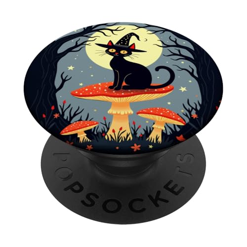 Eine kleine schwarze Hexenkatze, die auf einem Fliegenpilz sitzt 2 PopSockets mit austauschbarem PopGrip von Halloween Ghostly Gifts & Creepy Tees by taiche