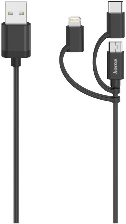 3in1 Micro-USB-Kabel (0,75m) inkl. Adapter auf USB-C & Lightning schwarz von Hama