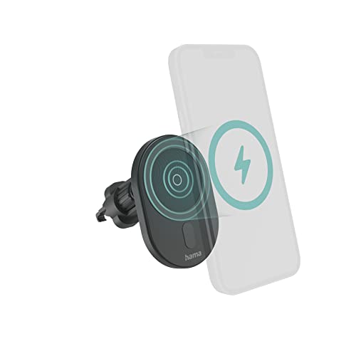 Hama Auto Ladegerät, Kfz Handy Ladegerät 15 Watt kabellos für iPhone (Magnetisch laden, Ladeadapter für Lüftungsgitter, Wireless Charging, Apple MagSafe-kompatibel, Hochformat und Querformat) schwarz von Hama