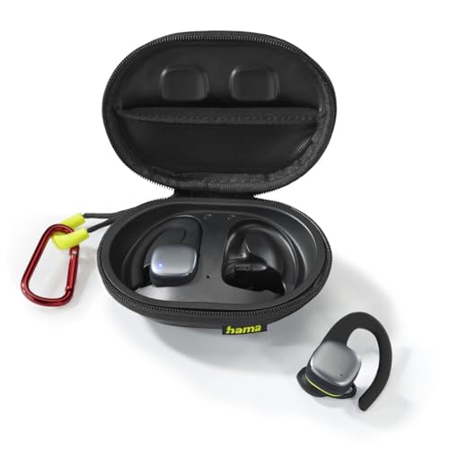Hama Bluetooth Sportkopfhörer (In Ear Sportkopfhörer mit Ohrbügel, Kopfhörer kabellos mit 35 h Akku, TWS Kopfhörer mit Wasserschutz IPX5, schweißfest, Tastensteuerung) Schwarz/Gelb von Hama