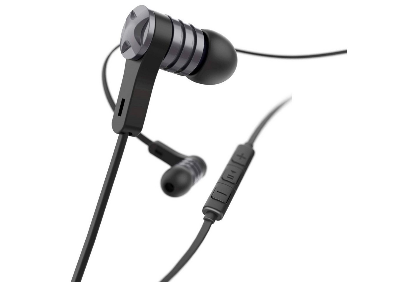 Hama In-Ear-Headset Intense Flachbandkabel Schwarz Smartphone-Headset (Anruffunktion, Mikrofon, Wiedergabe-Steuerung, Lautstärkenreglung, 3,5mm, Alu Mikrofon Fernbedienung Silikon-Ohrpolster 3,5mm Klinken-Stecker) von Hama