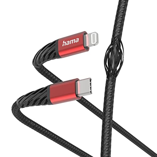 Hama Ladekabel „Extreme“ USB C auf Lightning, Nylon, 1,5m (iPhone Ladekabel, Lightning Kabel, iPhone 14 13 12 11 Pro Max Plus mini SE XS Max XR X 8 7, iPad Pro Air mini, MFI zertifiziert) schwarz/rot von Hama