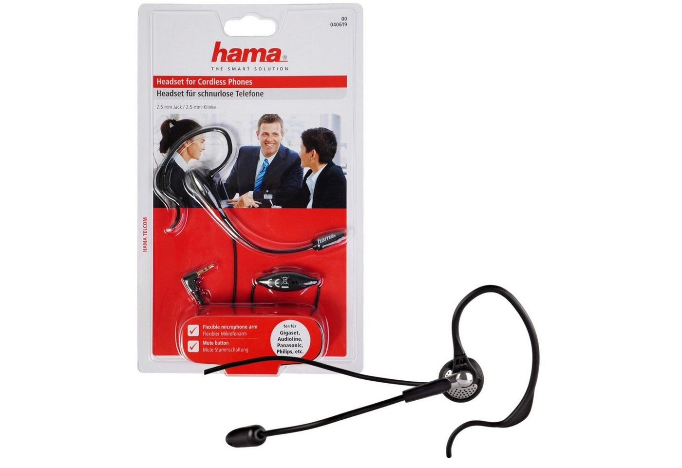 Hama Mono Headset Kopfhörer 2,5mm Klinke Ohrbügel Smartphone-Headset (Universal, Mikrofon, Stummschaltung, etc, Kein, Universal Klinken-Stecker passend für Gigaset DECT Telefon Festnetz) von Hama